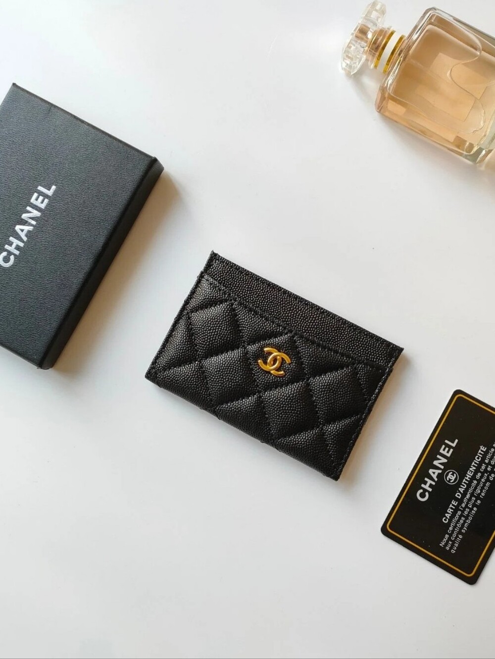 LUXURY Brand Quilted Caviar Leather Card Holder in Black with Gold Hardware